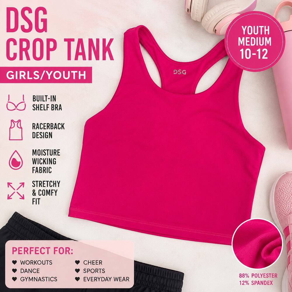 DSG Girls Hot Pink Shelf Bra Crop Tank Top Youth Medium 10-12 Activewear